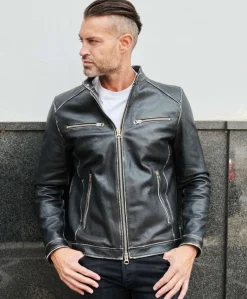 Uomo D'Arienzo Hamilton - Giacca biker in pelle nera vintage effetto invecchiato