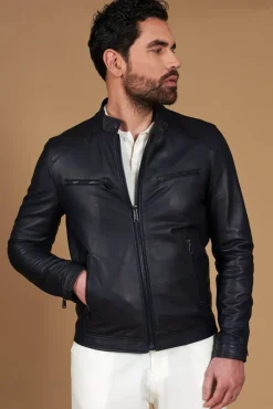 Uomo D'Arienzo Hamilton - Giacca in pelle nappa blu scuro quattro tasche effetto liscio