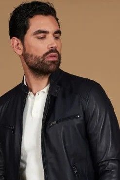 Uomo D'Arienzo Hamilton - Giacca in pelle nappa blu scuro quattro tasche effetto liscio