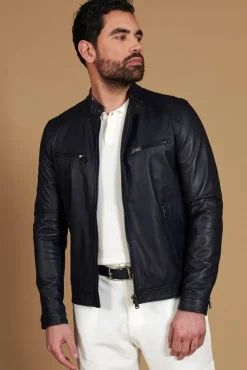 Uomo D'Arienzo Hamilton - Giacca in pelle nappa blu scuro quattro tasche effetto liscio