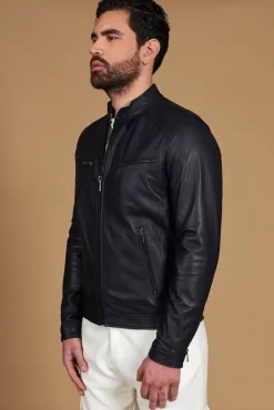 Uomo D'Arienzo Hamilton - Giacca in pelle nappa blu scuro quattro tasche effetto liscio
