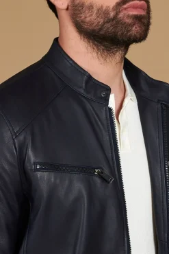 Uomo D'Arienzo Hamilton - Giacca in pelle nappa blu scuro quattro tasche effetto liscio