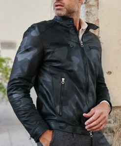 Uomo D'Arienzo Hamilton - Giacca in pelle nera mimetica nappa effetto liscio