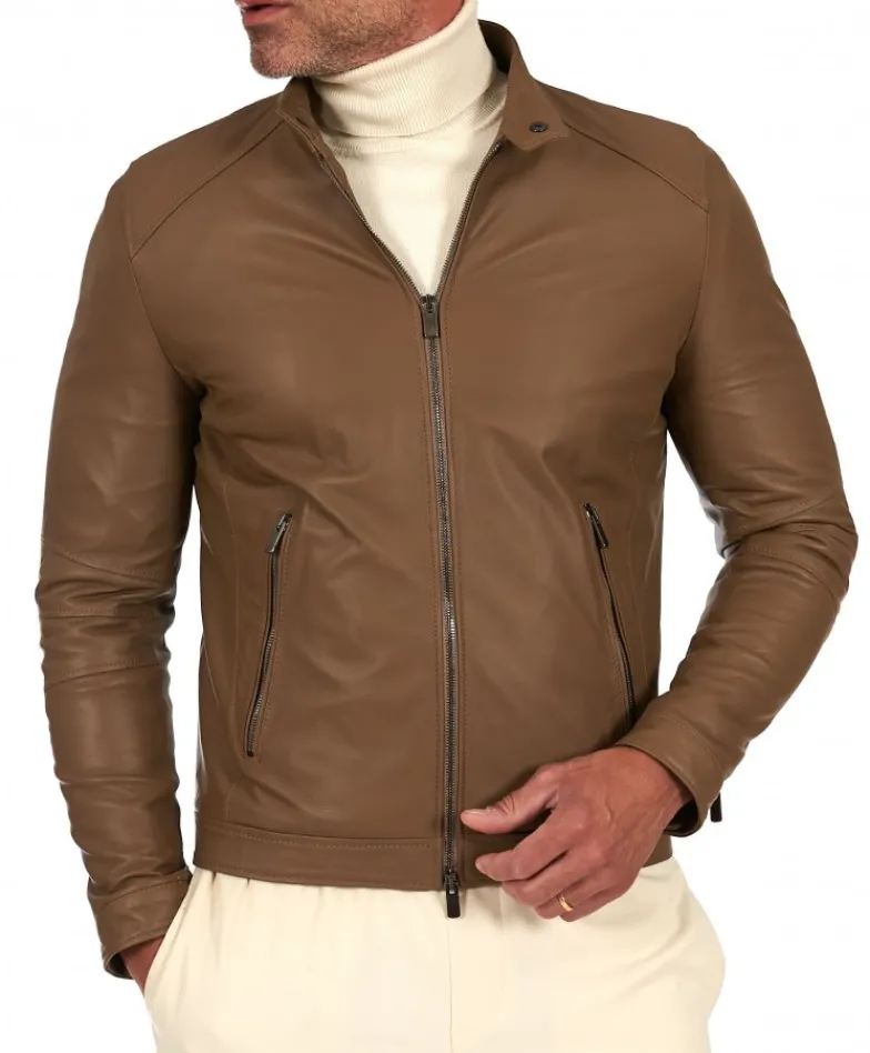 Uomo D'Arienzo Havana - Giacca in pelle color fango con colletto coreana e zip maniche