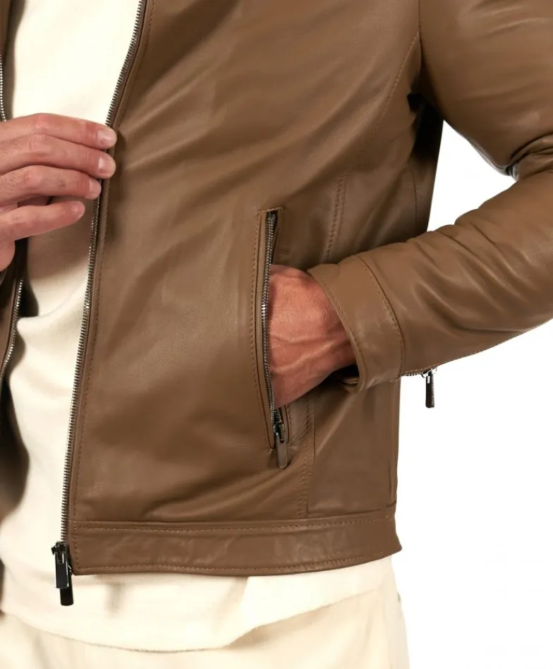 Uomo D'Arienzo Havana - Giacca in pelle color fango con colletto coreana e zip maniche