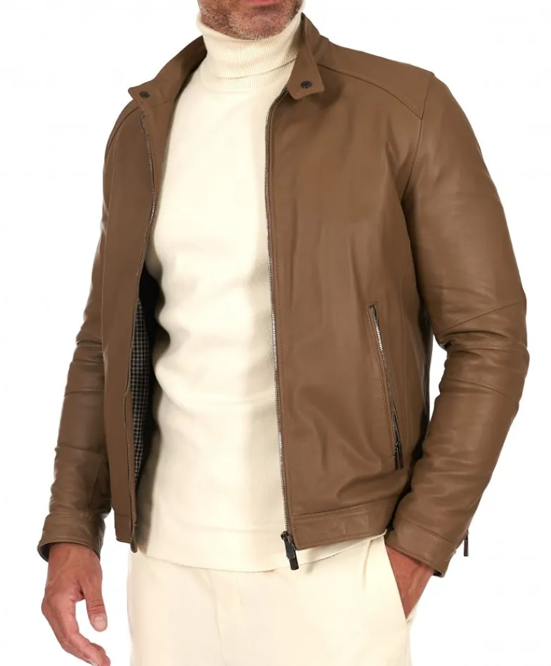 Uomo D'Arienzo Havana - Giacca in pelle color fango con colletto coreana e zip maniche