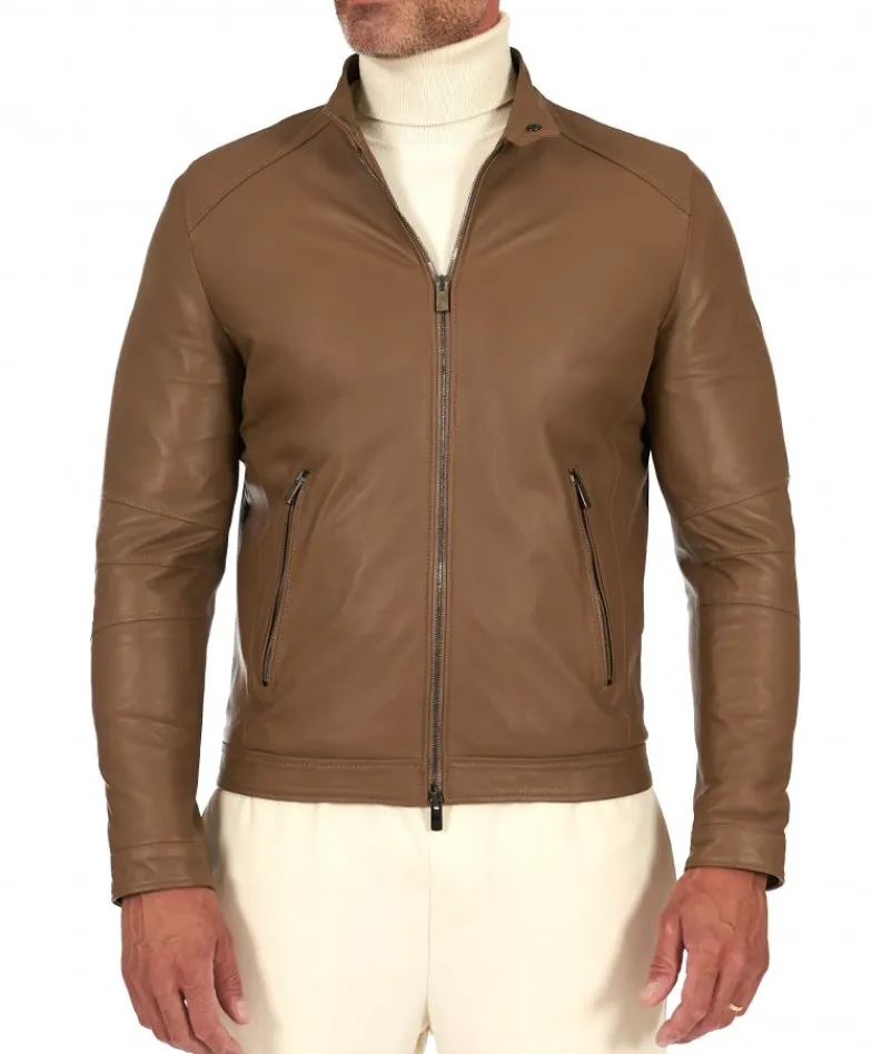 Uomo D'Arienzo Havana - Giacca in pelle color fango con colletto coreana e zip maniche
