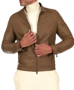 Uomo D'Arienzo Havana - Giacca in pelle color fango con colletto coreana e zip maniche