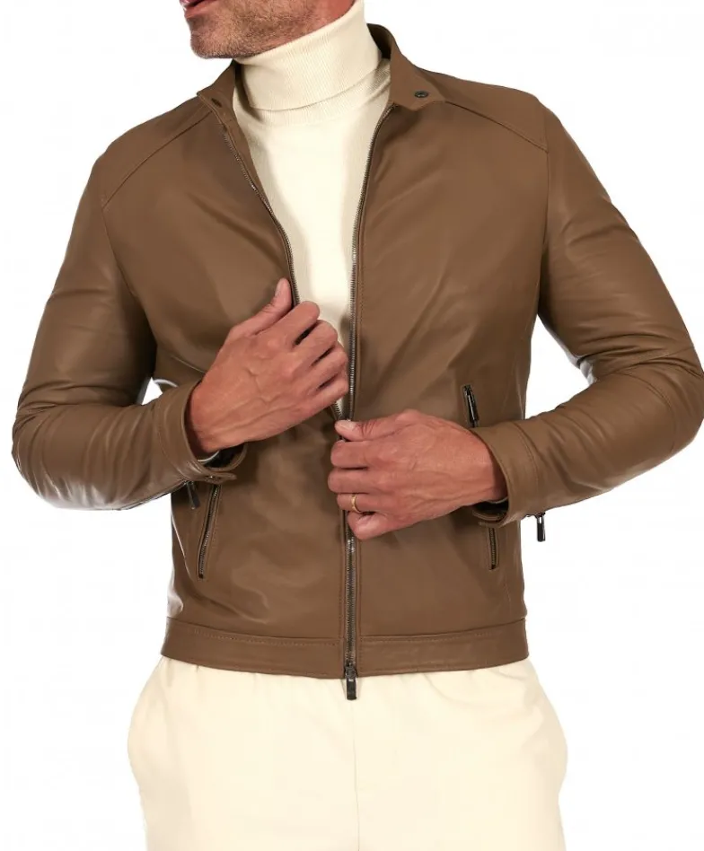 Uomo D'Arienzo Havana - Giacca in pelle color fango con colletto coreana e zip maniche