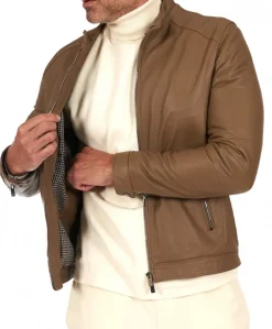 Uomo D'Arienzo Havana - Giacca in pelle color fango con colletto coreana e zip maniche