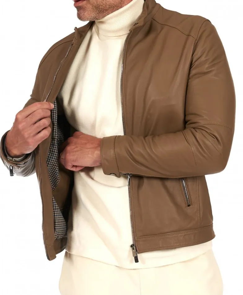 Uomo D'Arienzo Havana - Giacca in pelle color fango con colletto coreana e zip maniche