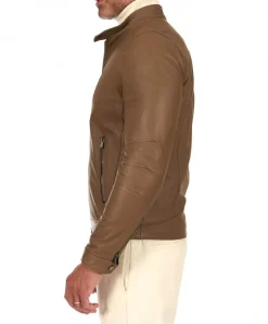 Uomo D'Arienzo Havana - Giacca in pelle color fango con colletto coreana e zip maniche