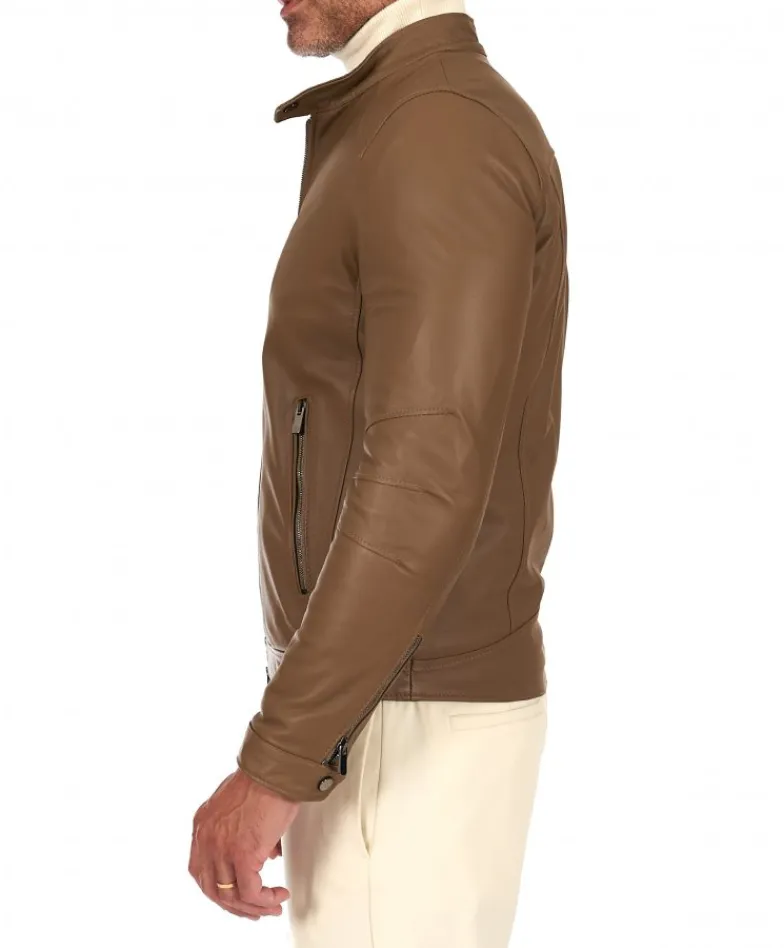 Uomo D'Arienzo Havana - Giacca in pelle color fango con colletto coreana e zip maniche