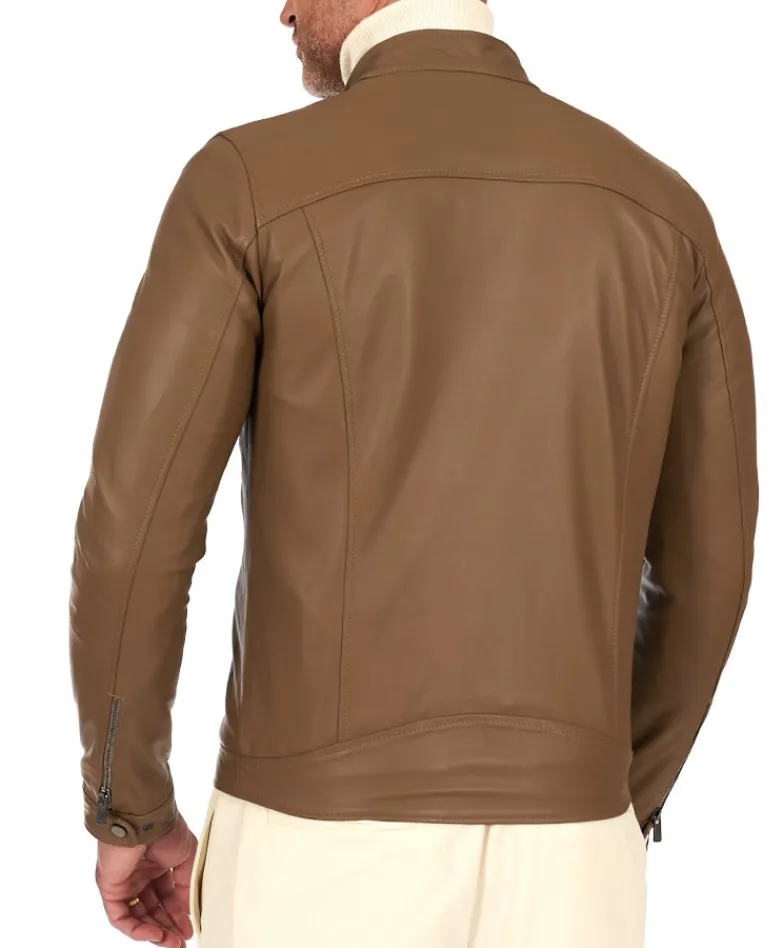 Uomo D'Arienzo Havana - Giacca in pelle color fango con colletto coreana e zip maniche