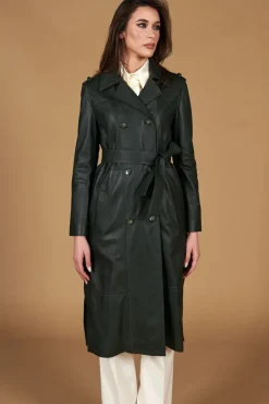 Donna D'Arienzo Hazel - Cappotto in pelle naturale verde doppio petto spacchi laterali