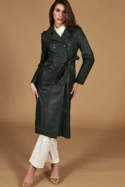 Donna D'Arienzo Hazel - Cappotto in pelle naturale verde doppio petto spacchi laterali