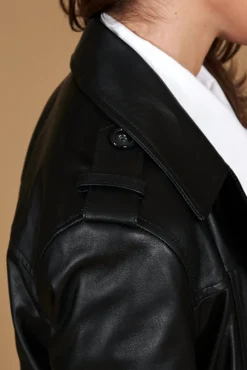 Donna D'Arienzo Hazel - Cappotto in pelle nappa nera doppio petto spacchi laterali