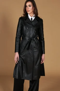 Donna D'Arienzo Hazel - Cappotto in pelle nappa nera doppio petto spacchi laterali