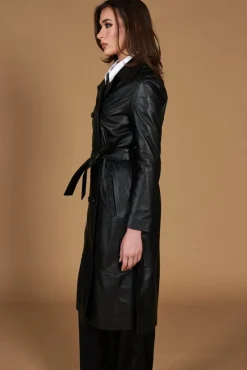 Donna D'Arienzo Hazel - Cappotto in pelle nappa nera doppio petto spacchi laterali
