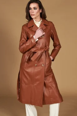 Donna D'Arienzo Hazel - Cappotto in pelle naturale cuoio doppio petto spacchi laterali