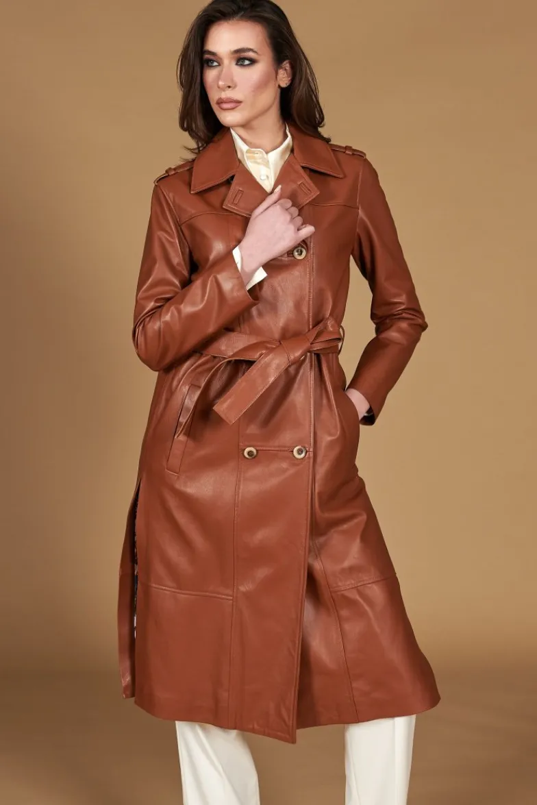 Donna D'Arienzo Hazel - Cappotto in pelle naturale cuoio doppio petto spacchi laterali