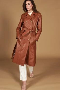 Donna D'Arienzo Hazel - Cappotto in pelle naturale cuoio doppio petto spacchi laterali