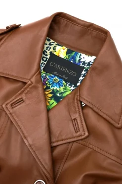 Donna D'Arienzo Hazel - Cappotto in pelle naturale cuoio doppio petto spacchi laterali