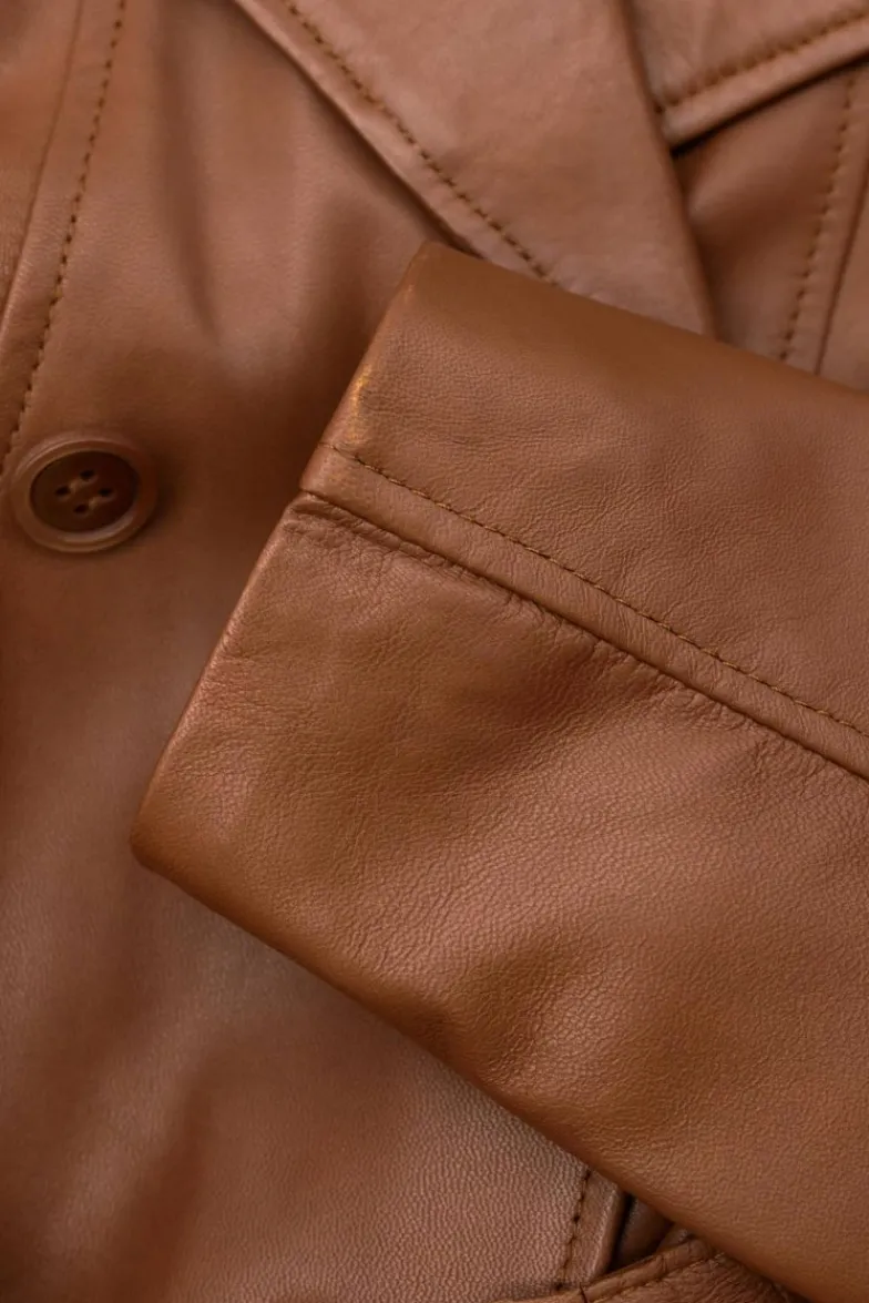 Donna D'Arienzo Hazel - Cappotto in pelle naturale cuoio doppio petto spacchi laterali