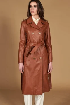 Donna D'Arienzo Hazel - Cappotto in pelle naturale cuoio doppio petto spacchi laterali
