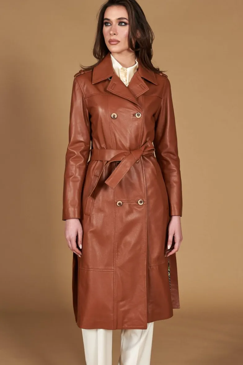 Donna D'Arienzo Hazel - Cappotto in pelle naturale cuoio doppio petto spacchi laterali