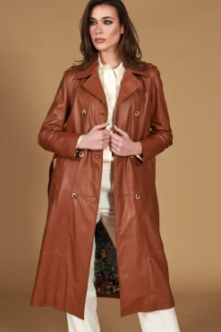 Donna D'Arienzo Hazel - Cappotto in pelle naturale cuoio doppio petto spacchi laterali