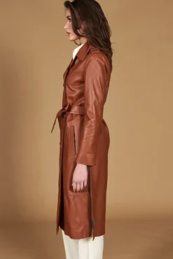 Donna D'Arienzo Hazel - Cappotto in pelle naturale cuoio doppio petto spacchi laterali