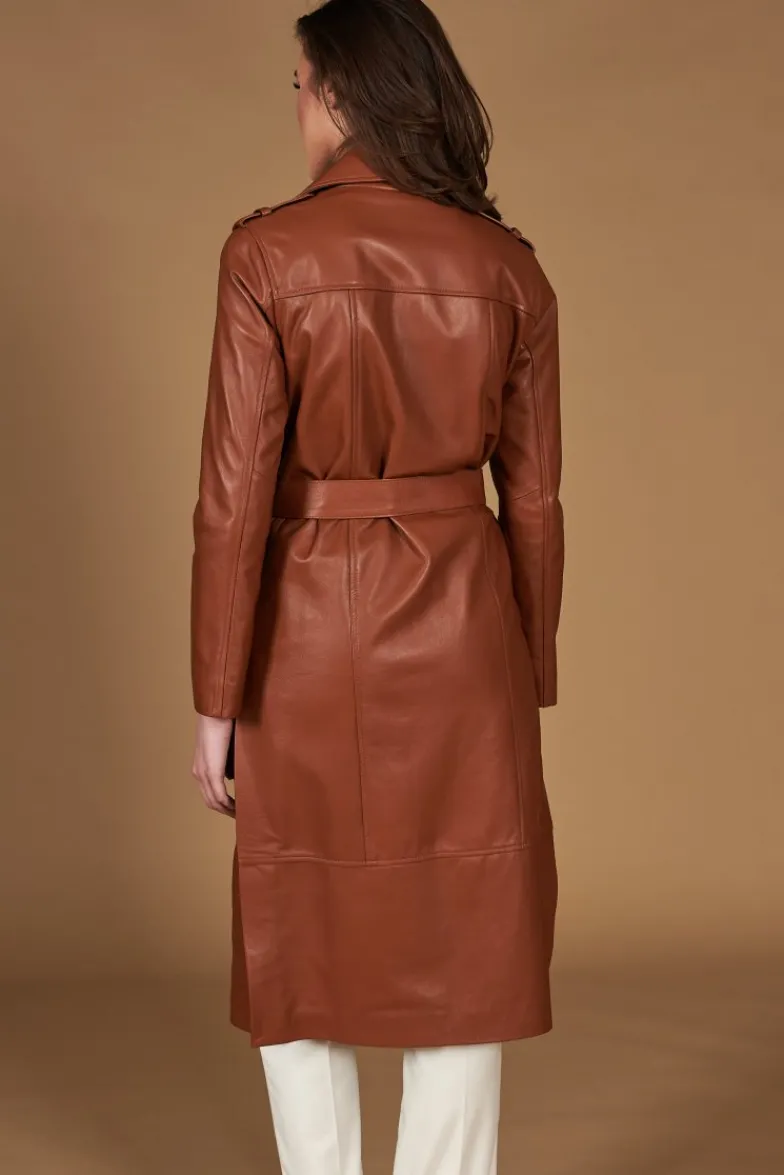 Donna D'Arienzo Hazel - Cappotto in pelle naturale cuoio doppio petto spacchi laterali