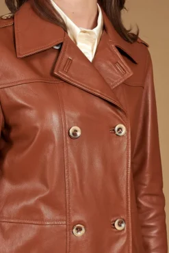 Donna D'Arienzo Hazel - Cappotto in pelle naturale cuoio doppio petto spacchi laterali