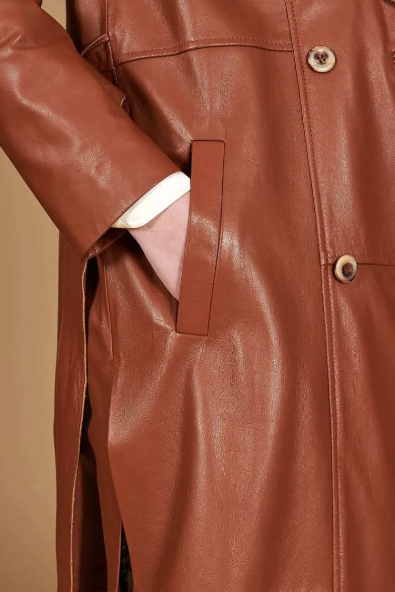Donna D'Arienzo Hazel - Cappotto in pelle naturale cuoio doppio petto spacchi laterali