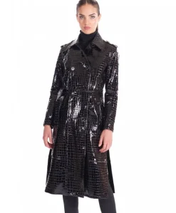 Donna D'Arienzo Hazel - Cappotto in pelle verniciata nera stampa coccodrillo spacchi laterali