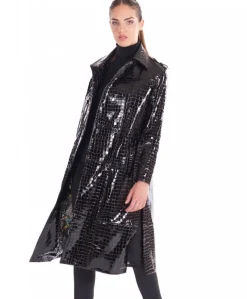 Donna D'Arienzo Hazel - Cappotto in pelle verniciata nera stampa coccodrillo spacchi laterali
