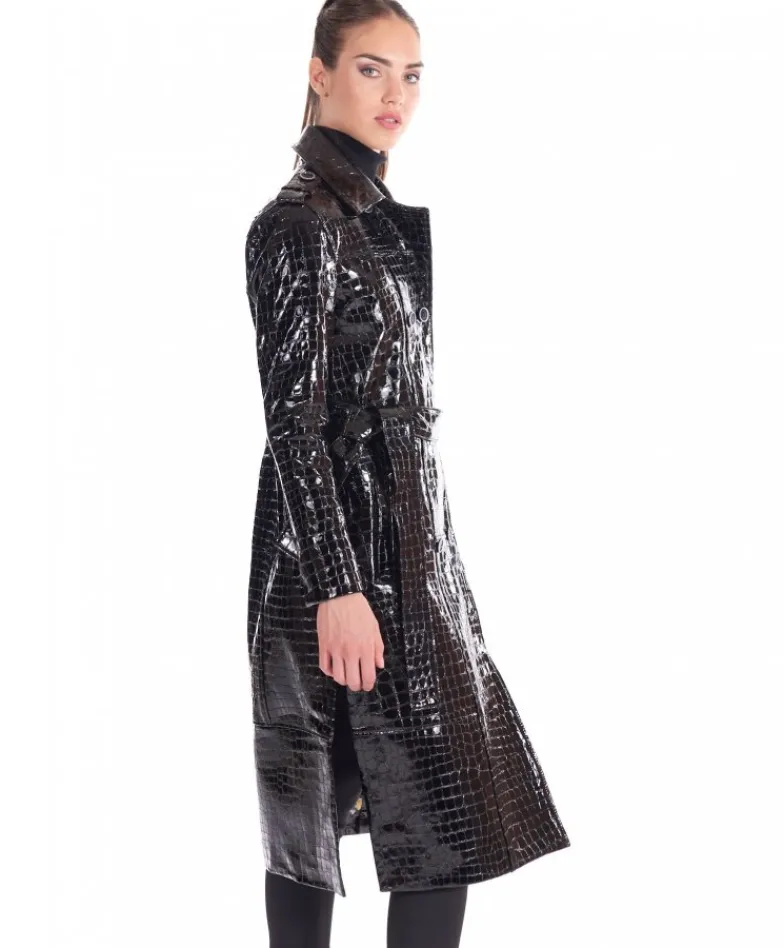 Donna D'Arienzo Hazel - Cappotto in pelle verniciata nera stampa coccodrillo spacchi laterali
