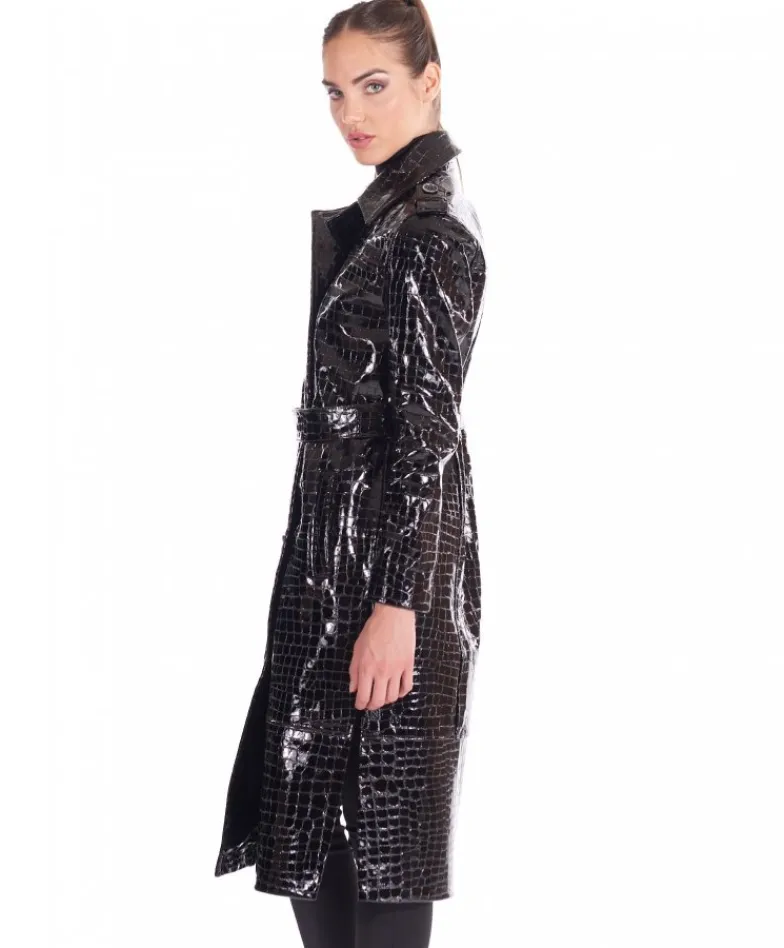Donna D'Arienzo Hazel - Cappotto in pelle verniciata nera stampa coccodrillo spacchi laterali