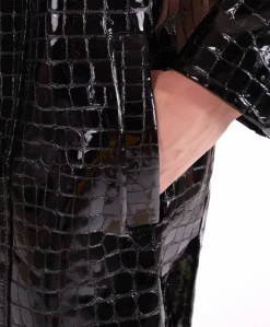 Donna D'Arienzo Hazel - Cappotto in pelle verniciata nera stampa coccodrillo spacchi laterali