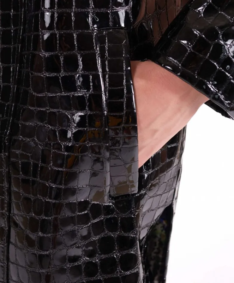 Donna D'Arienzo Hazel - Cappotto in pelle verniciata nera stampa coccodrillo spacchi laterali