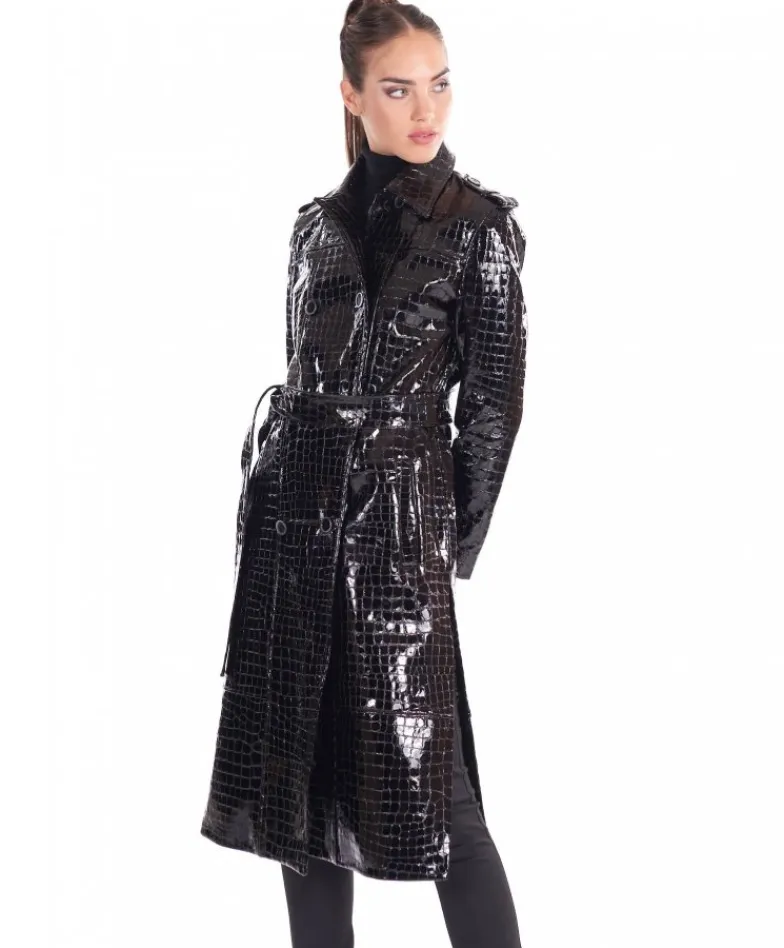 Donna D'Arienzo Hazel - Cappotto in pelle verniciata nera stampa coccodrillo spacchi laterali