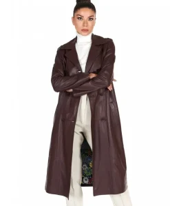 Donna D'Arienzo Hazel - Cappotto in pelle vinaccio doppio petto spacchi laterali