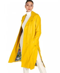 Donna D'Arienzo Hazel - Cappotto in pelle nappa gialla doppio petto spacchi laterali