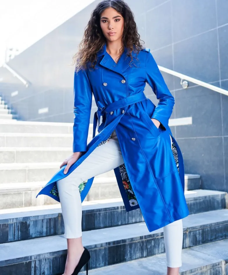 Donna D'Arienzo Hazel - Cappotto in pelle bluette doppio petto spacchi laterali