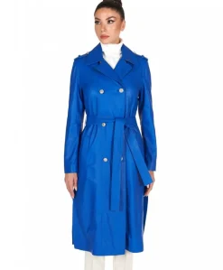 Donna D'Arienzo Hazel - Cappotto in pelle bluette doppio petto spacchi laterali