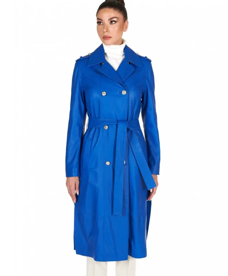 Donna D'Arienzo Hazel - Cappotto in pelle bluette doppio petto spacchi laterali