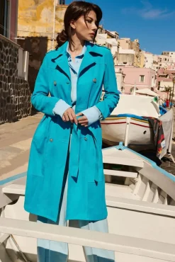 Donna D'Arienzo Hazel - Cappotto in pelle scamoscio turchese doppio petto spacchi laterali