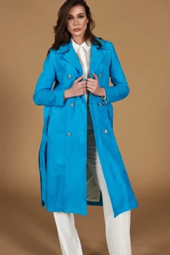 Donna D'Arienzo Hazel - Cappotto in pelle scamoscio turchese doppio petto spacchi laterali