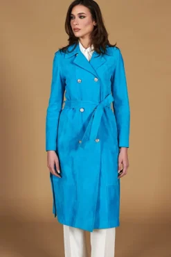 Donna D'Arienzo Hazel - Cappotto in pelle scamoscio turchese doppio petto spacchi laterali